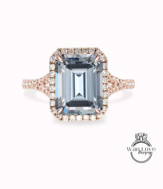 Grey Moissanite & Diamond Halo Split Shank Ring Radiant Engagement Ring Art Deco Emerald Gray Halo Ring wedding anniversary bridal promise ring