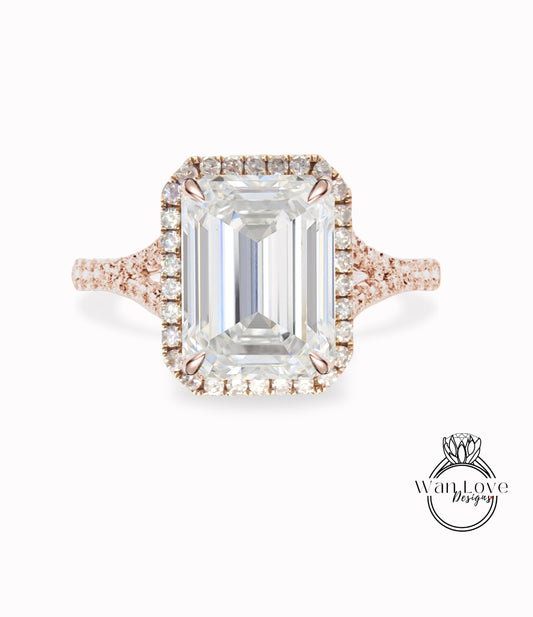 Moissanite & Diamond Halo Split Shank Ring Radiant Engagement Ring Art Deco Emerald Gray Halo Ring wedding anniversary bridal promise ring