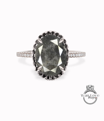 Anello di fidanzamento con diamante ovale nero e sale pepe, galassia, grigio argento, anello di fidanzamento con punta aureola ovale, anello di diamanti sale e pepe in oro