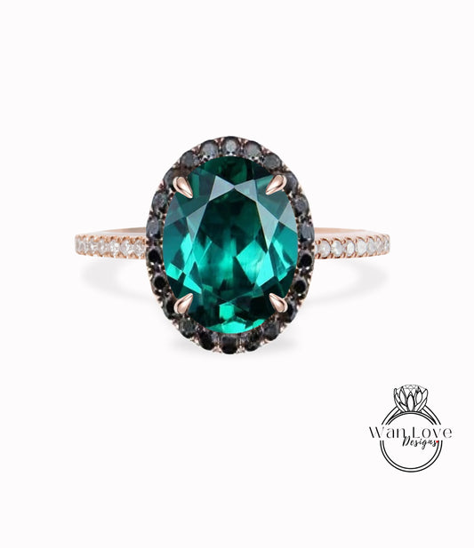 Emerald & Black White Diamond Oval Halo Engagement Ring Custom 14k 18k White Yellow Rose gold Platinum Wedding Anniversary Gift