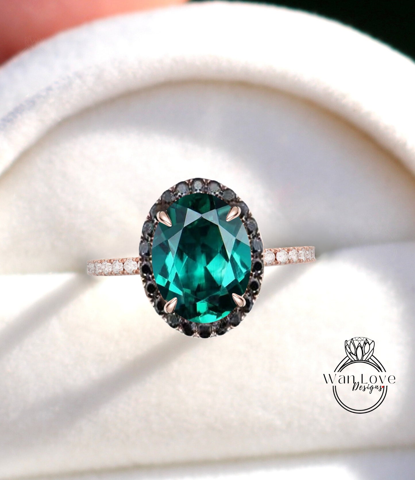 Emerald & Black White Diamond Oval Halo Engagement Ring Custom 14k 18k White Yellow Rose gold Platinum Wedding Anniversary Gift