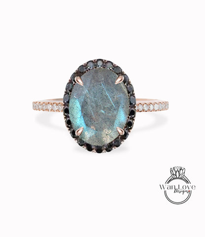 Labradorite & Black Diamond Oval Halo Engagement Ring, Custom, Wedding, Anniversary Gift, 14k 18k White Rose Yellow Gold,Platinum