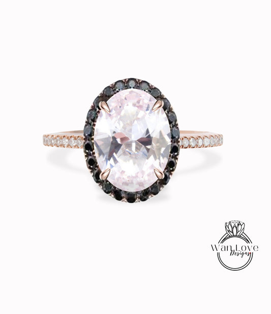 Light Pink Sapphire & Black White Diamond Oval Halo Engagement Ring, Custom-14k 18k White Yellow Rose Gold-Platinum-Custom