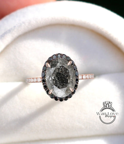 Anello di fidanzamento con diamante ovale nero e sale pepe, galassia, grigio argento, anello di fidanzamento con punta aureola ovale, anello di diamanti sale e pepe in oro