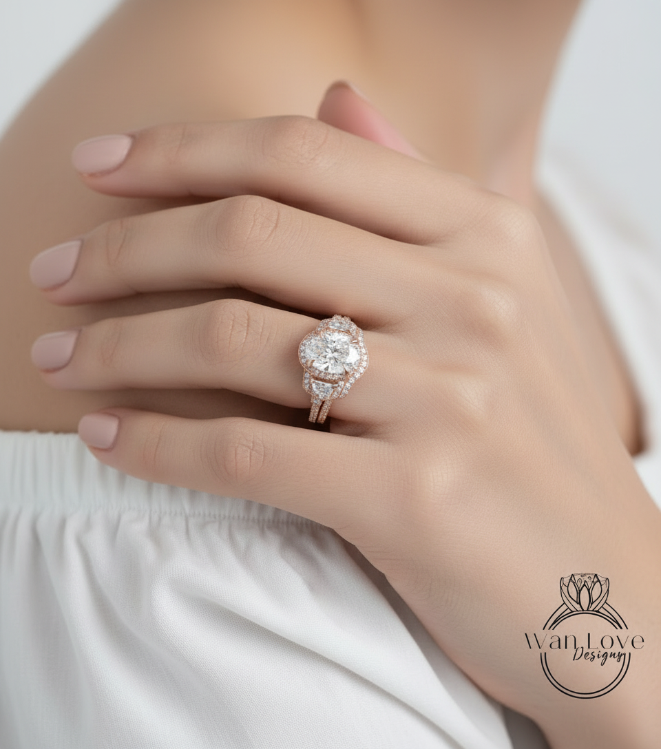 3ct Diamond Oval half moon trapezoid Engagement Ring Set Curved Nesting Wedding Band Art deco ring Oval Cut Engagement Ring, Bridal Gift