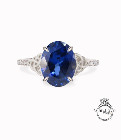 Anello di fidanzamento con doppio nodo celtico ovale con zaffiro blu e diamante, personalizzato, matrimonio in platino in oro 14k 18k intrecciato, WanLoveDesigns