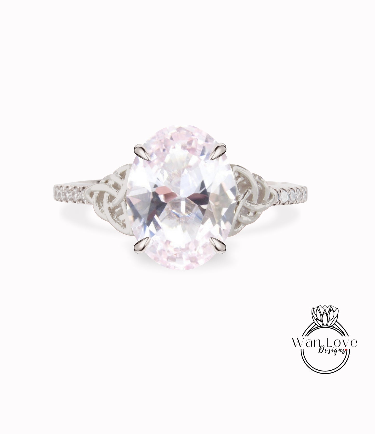 Anello di fidanzamento ovale con diamante zaffiro rosa chiaro con nodo celtico Anello con mezza eternità con diamante celtico Moissanite Promessa nuziale ovale Anniversario