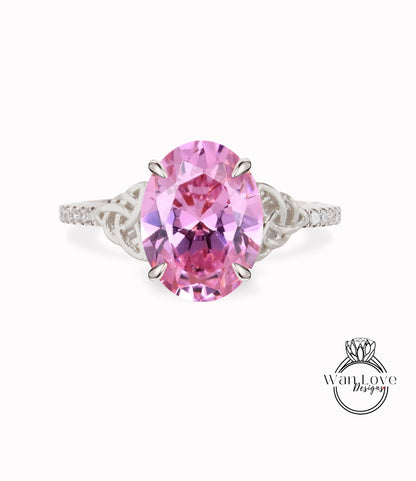 Anello di fidanzamento con nodo celtico ovale con diamante zaffiro rosa, anello con doppio nodo, matrimonio personalizzato, intrecciato, regalo di anniversario, WanLoveDesigns