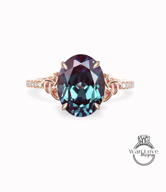 Celtic Oval Alexandrite engagement ring rose gold diamond Celtic knot wedding ring Unique Bridal ring Promise Anniversary gift for her
