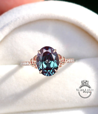 Celtic Oval Alexandrite engagement ring rose gold diamond Celtic knot wedding ring Unique Bridal ring Promise Anniversary gift for her