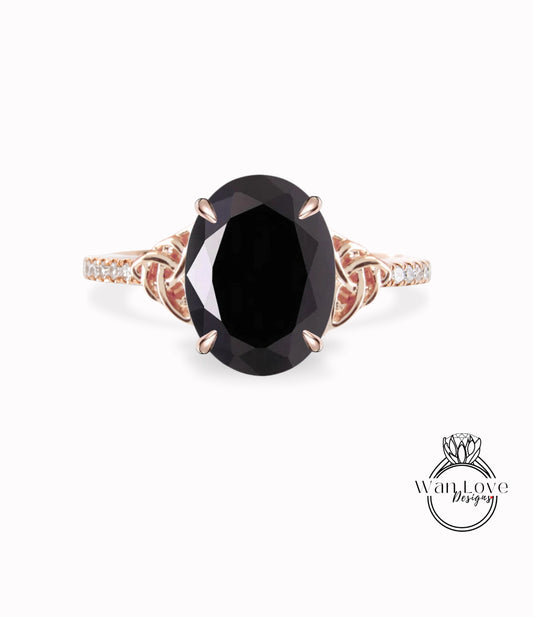 Anello di fidanzamento con doppio nodo celtico ovale con spinello nero e diamanti, personalizzato, oro 14 kt 18 kt, platino, matrimonio intrecciato, WanLoveDesigns