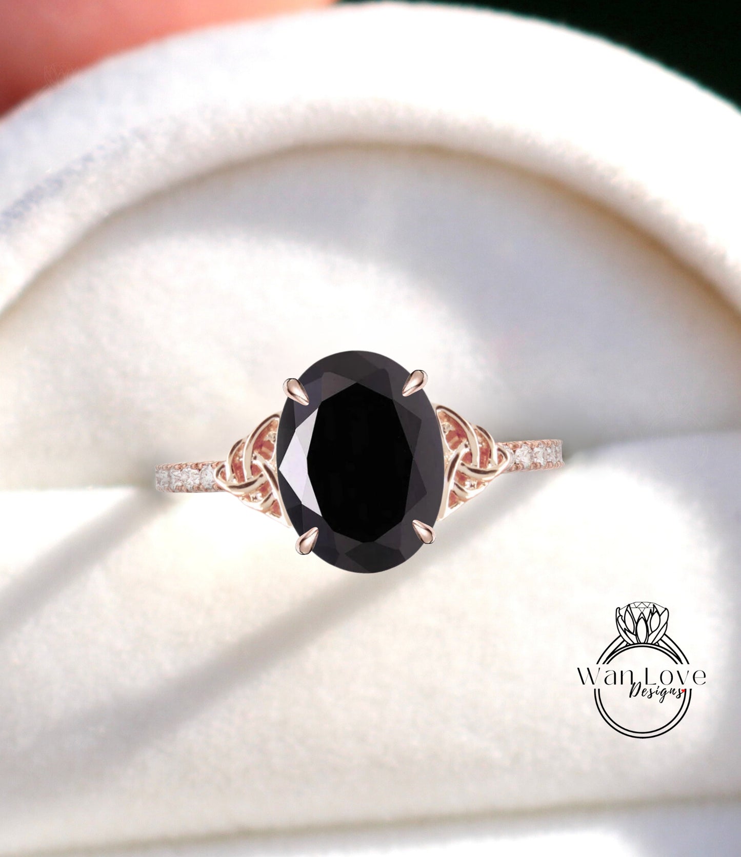 Black Spinel & Diamond Oval Double Celtic Knot Engagement Ring, Custom, 14kt 18kt Gold-Platinum-Wedding-Braided, WanLoveDesigns