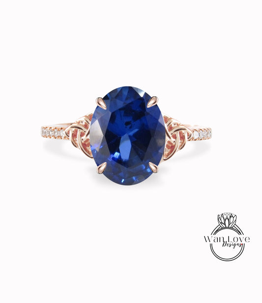 Anello di fidanzamento con doppio nodo celtico ovale con zaffiro blu e diamante, personalizzato, matrimonio in platino in oro 14k 18k intrecciato, WanLoveDesigns