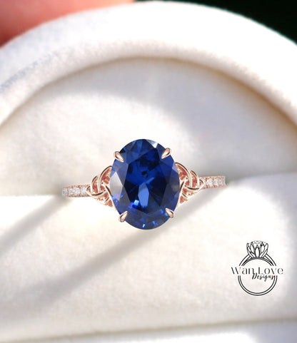 Anello di fidanzamento con doppio nodo celtico ovale con zaffiro blu e diamante, personalizzato, matrimonio in platino in oro 14k 18k intrecciato, WanLoveDesigns