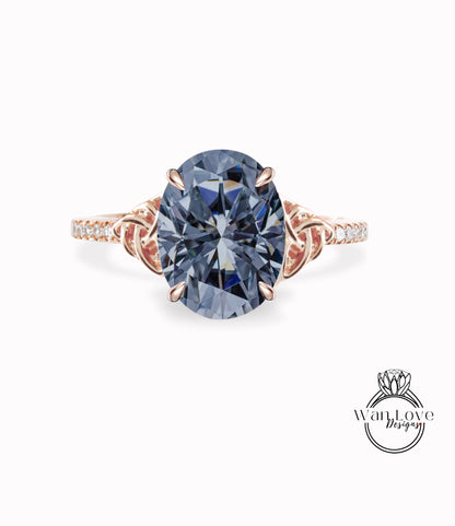 Anello di fidanzamento ovale con diamante e Moissanite grigia con nodo celtico Anello mezza eternità con diamante celtico Moissanite Anello ovale con promessa nuziale Anello anniversario