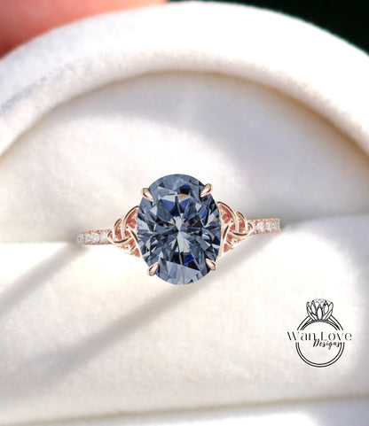 Anello di fidanzamento ovale con diamante e Moissanite grigia con nodo celtico Anello mezza eternità con diamante celtico Moissanite Anello ovale con promessa nuziale Anello anniversario