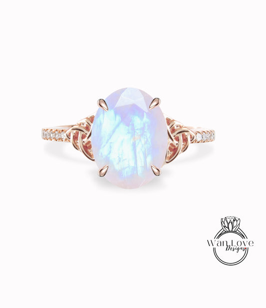 Moonstone Diamond Oval Ring-Celtic Knot Engagement Ring-Double Knot Ring Custom-Wedding-Braided-Anniversary-Pink Sapphire Ring