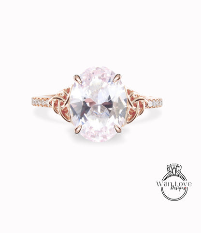 Anello di fidanzamento ovale con diamante zaffiro rosa chiaro con nodo celtico Anello con mezza eternità con diamante celtico Moissanite Promessa nuziale ovale Anniversario