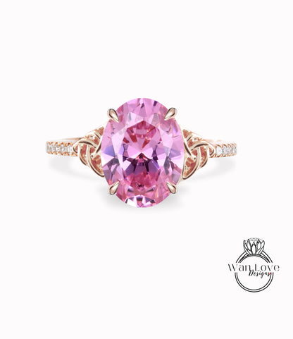 Anello di fidanzamento con nodo celtico ovale con diamante zaffiro rosa, anello con doppio nodo, matrimonio personalizzato, intrecciato, regalo di anniversario, WanLoveDesigns