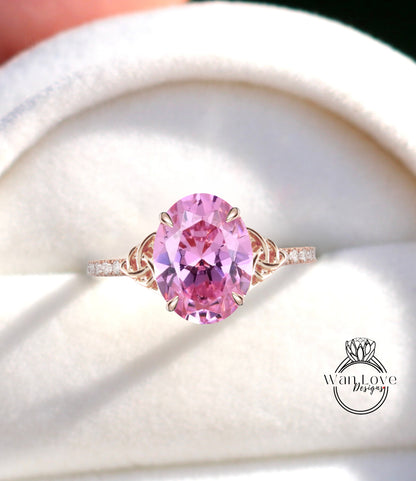 Anello di fidanzamento con nodo celtico ovale con diamante zaffiro rosa, anello con doppio nodo, matrimonio personalizzato, intrecciato, regalo di anniversario, WanLoveDesigns