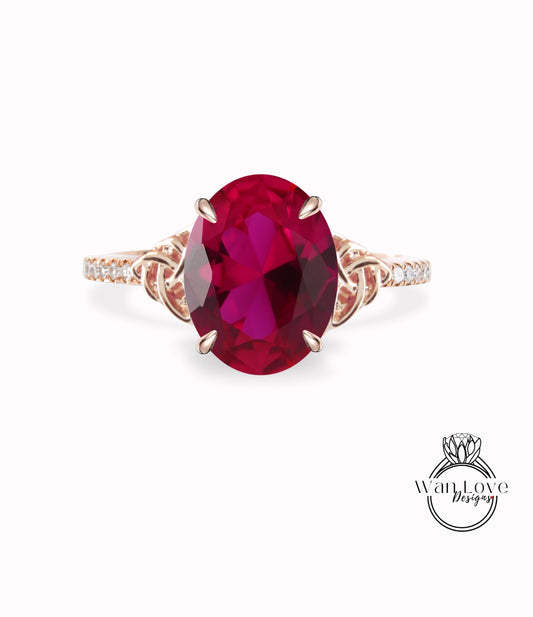 Ruby & Diamond Oval cut Celtic Knot Engagement Ring, Custom, 14kt 18kt Gold, Platinum, Wedding, Anniversary, WanLoveDesigns