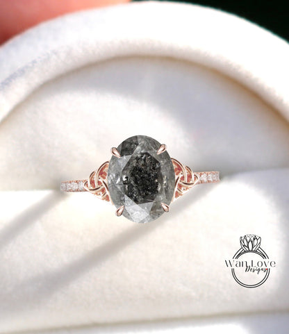 Oval Celtic Salt and Pepper Diamond Engagement Ring set Celtic knot Gold wedding Ring unique Diamond Bridal ring Irish Promise Ring gift