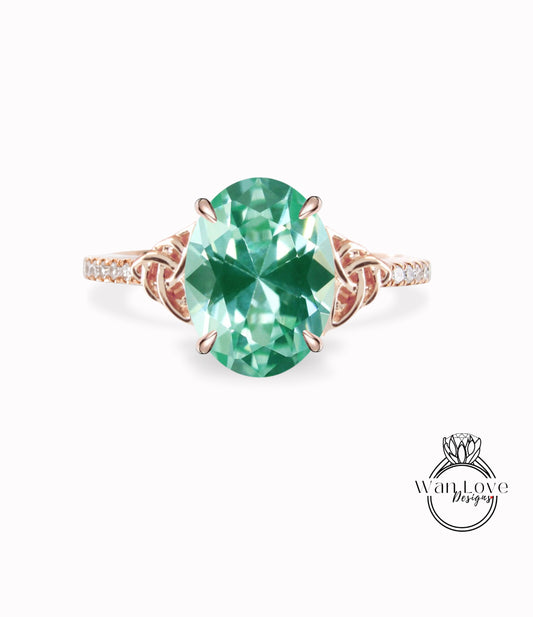 Teal Spinel & Diamond Celtic Knot Oval Engagement Ring, Custom,Wedding,Anniversary gift,14k 18k Gold,Platinum, WanLoveDesigns
