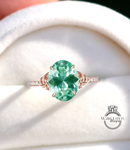 Teal Spinel & Diamond Celtic Knot Oval Engagement Ring, Custom,Wedding,Anniversary gift,14k 18k Gold,Platinum, WanLoveDesigns