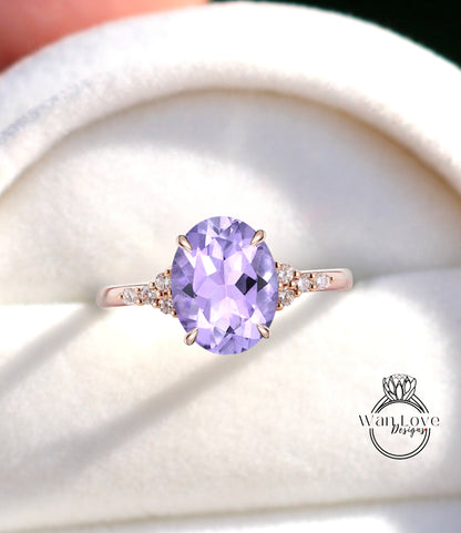 Anello di fidanzamento con ametista lavanda taglio ovale vintage Unico diamante a taglio rotondo Cluster Moissanite anello di fidanzamento in oro da donna regalo nuziale