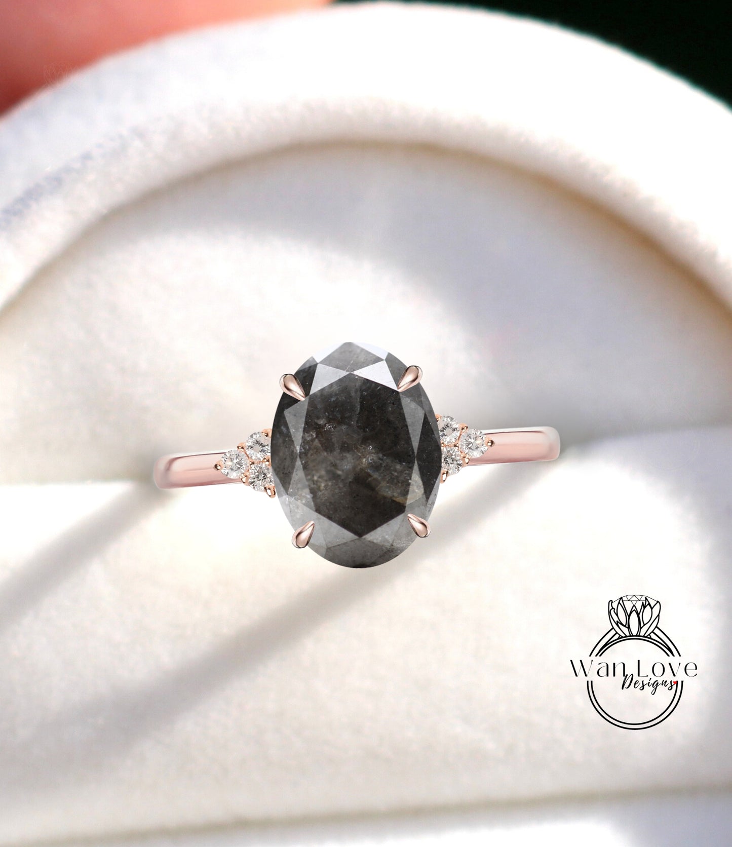 Salt & Pepper Diamond Oval cut dainty engagement ring vintage Unique Round diamond Cluster Moissanite gold engagement ring women Bridal gift
