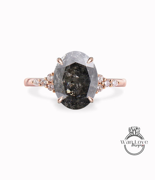 Oval Salt & Pepper Diamond Cluster Engagement Ring, Galaxy Diamond Wedding Ring, Custom Oval Diamond Ring Bridal Promise Ring solid gold