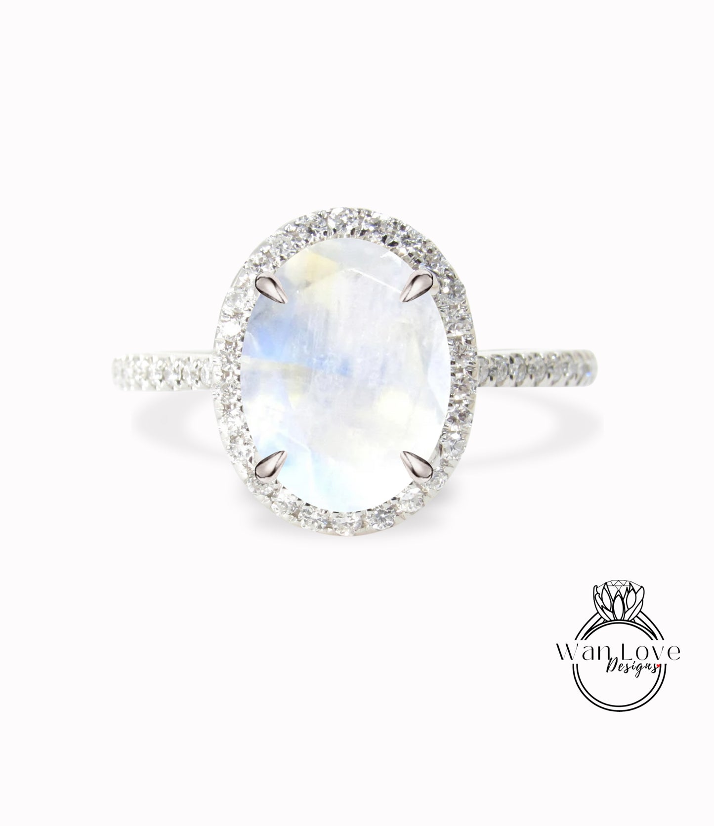 Moonstone & Diamond Oval Halo Engagement Ring 14k 18k White Yellow Rose Gold Platinum Custom made size Wedding Anniversary Rainbow