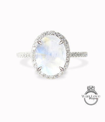 Moonstone & Diamond Oval Halo Engagement Ring 14k 18k White Yellow Rose Gold Platinum Custom made size Wedding Anniversary Rainbow