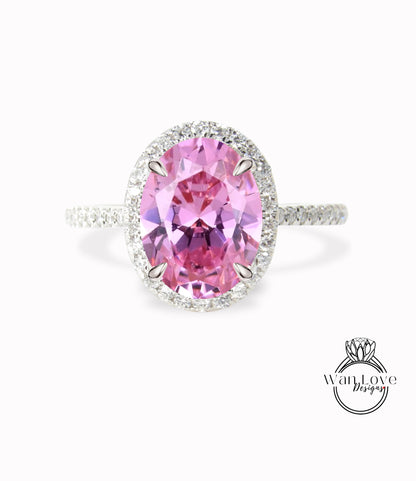 Oval cut Pink Sapphire engagement ring art deco ring halo moissanite/diamond ring vintage rose gold half eternity anniversary bridal ring