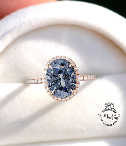 Diamond Halo Ring Gray Moissanite & Diamond Oval Halo Engagement Ring Art Deco Diamond Halo Ring wedding anniversary bridal promise ring