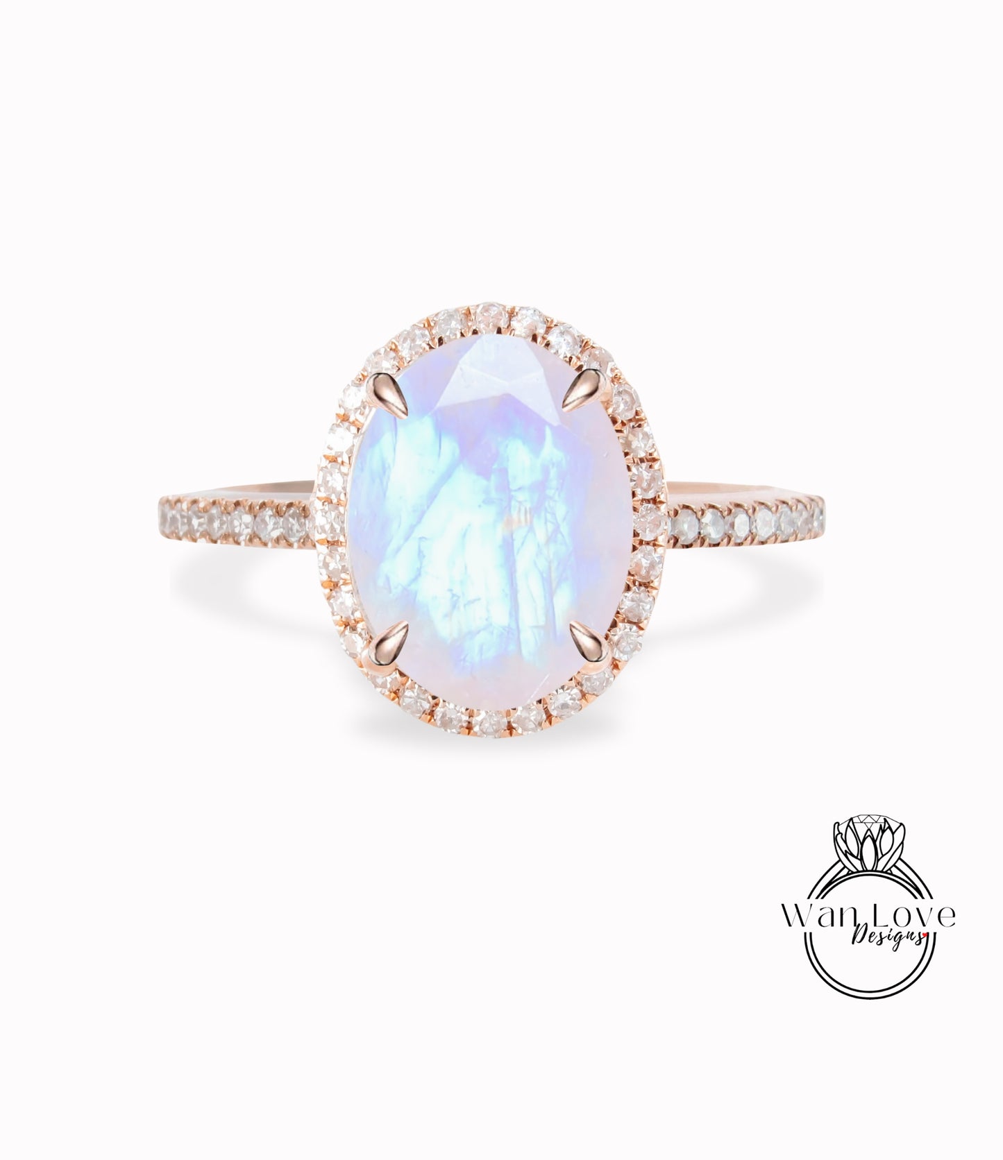 Moonstone & Diamond Oval Halo Engagement Ring 14k 18k White Yellow Rose Gold Platinum Custom made size Wedding Anniversary Rainbow