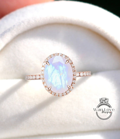 Moonstone & Diamond Oval Halo Engagement Ring 14k 18k White Yellow Rose Gold Platinum Custom made size Wedding Anniversary Rainbow