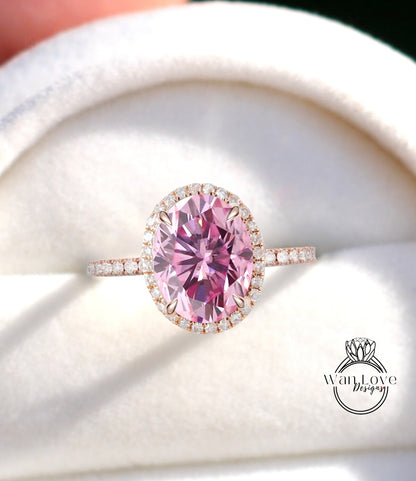 Diamond Halo Ring Pink Moissanite & Diamond Oval Halo Engagement Ring Art Deco Diamond Halo Ring wedding anniversary bridal promise ring