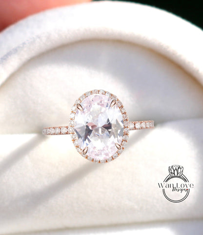 Oval cut Light Pink Sapphire engagement ring art deco ring halo moissanite/diamond ring vintage rose gold half eternity anniversary ring