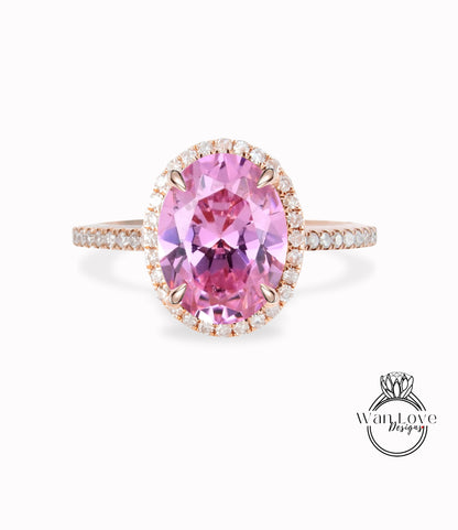 Oval cut Pink Sapphire engagement ring art deco ring halo moissanite/diamond ring vintage rose gold half eternity anniversary bridal ring