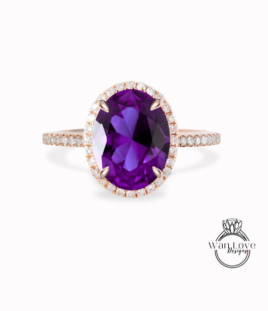 Anello con diamante Halo, zaffiro viola, colore alessandrite, anello di fidanzamento con diamante ovale Halo, anello con diamante Art Déco, anello di promessa nuziale, anniversario di matrimonio.