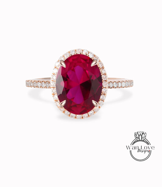 Oval cut Ruby engagement ring art deco ring halo moissanite/diamond ring vintage rose gold half eternity unique anniversary bridal ring