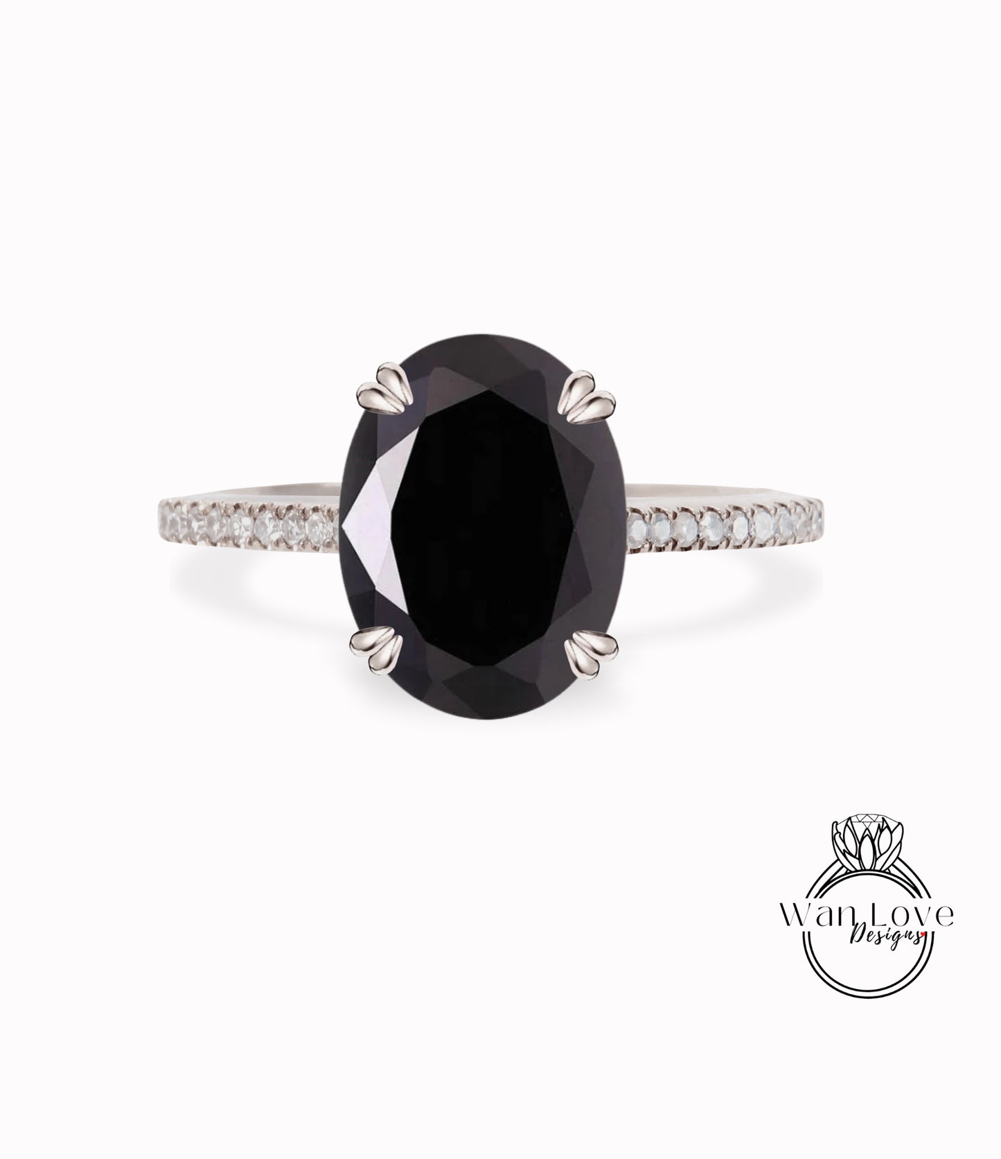 Black Spinel & Diamond Elongated Cushion Oval Engagement Ring, 14kt 18kt gold-Platinum-Wedding-Anniversary Gift, WanLoveDesigns