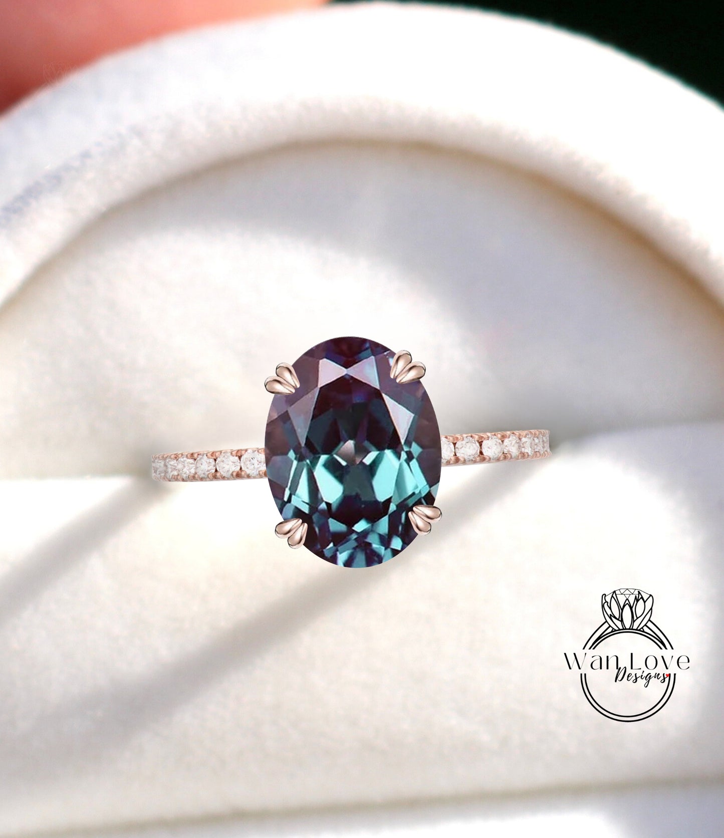 Oval cut Alexandrite engagement ring rose gold half eternity diamond band art deco bridal wedding anniversary ring promise ring