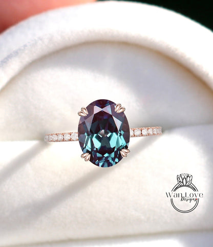 Oval cut Alexandrite engagement ring rose gold half eternity diamond band art deco bridal wedding anniversary ring promise ring