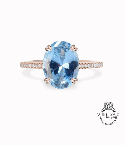 Oval cut Aquamarine Blue Spinel engagement ring rose gold half eternity diamond band art deco bridal wedding anniversary ring promise ring