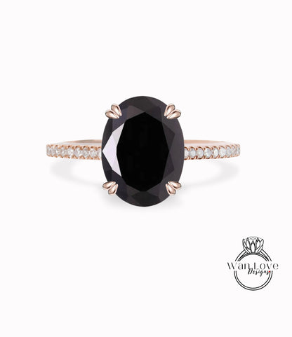 Oval cut Black Spinel engagement ring vintage engagement ring for women Half eternity Diamond / Moissanite Bridal Anniversary gift