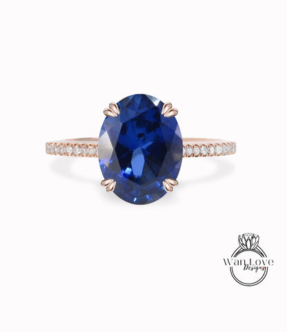 Anello di fidanzamento color zaffiro blu taglio ovale anello di fidanzamento in oro rosa mezza eternità con fascia di diamanti art deco anello di promessa di anniversario di matrimonio