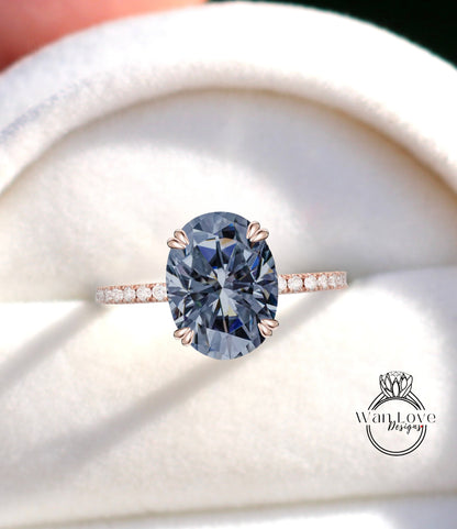 Anello di fidanzamento ovale grigio Moissanite Anello di fidanzamento minimal in oro rosa antico Fascia di diamanti Art Deco Delicato anello nuziale Anello di promessa di anniversario