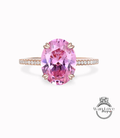 Anello di fidanzamento color zaffiro rosa taglio ovale anello di fidanzamento in oro rosa mezza eternità con fascia di diamanti art deco anello di fidanzamento per anniversario di matrimonio